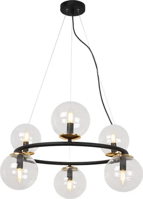 Imagen del producto de Lámpara colgante AURA, color negro, dorado y plateado, con 6 bombillas tipo "plana" (sin pantalla E14)