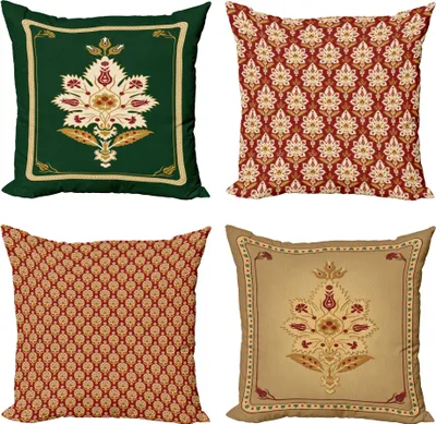 Produktbild von ABAKUHAUS orientalisch Dekokissen Kissenbezug 4er Pack, Kultur Arabeskedamastentwurf, Modern Accent Doppelseitiger Digitaldruck, 45 x 45 cm, Burgund Smaragd und Kamel