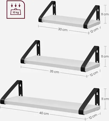 Immagine prodotto di Set di 3 mensole da parete VASAGLE, mensola galleggiante, montaggio a parete, mensola da esposizione, design industriale, per soggiorno, bagno, cucina, bianco-nero