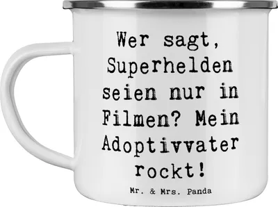 Produktbild von Mr. & Mrs. Panda Pott Spruch Adoptivvater Superheld - Weiß - Geschenk, Familienmitglieder, Handarbeit, Familienliebe, einzigartige Designs, Emaille Becher, Adoption