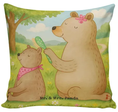 Produktbild von Mr. & Mrs. Panda Dekokissen Bär Kind Design - Weiß - Geschenk, Sofa Kissen, Muttertag, Polster, 40x40, Mutter, Familie, Mama, Bären, kuschelkissen