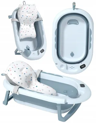Immagine prodotto di Vaschetta per neonati - Vaschetta da bagno per bambini 65x38 cm - Vaschetta pieghevole, colore blu - Vaschetta da bagno per bambini, colore blu - Con termometro e cuscino - VAIANA