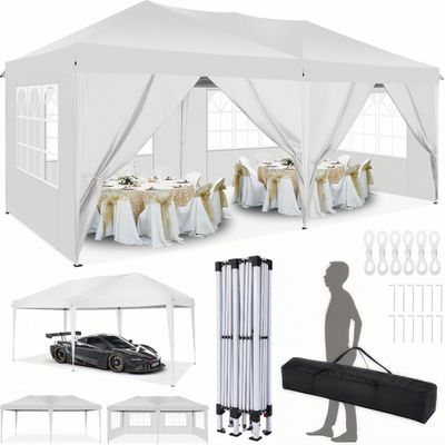 Pavillon 3x6m, Festzelt Faltpavillon Gartenzelt Wasserdicht, UV-Schutz, mit 4 Seitenteilen und 2 Eingängen, 12 Heringe & 4 Seile & 1 Tragetasche, für Garten Terrasse Feier Party, Weiß