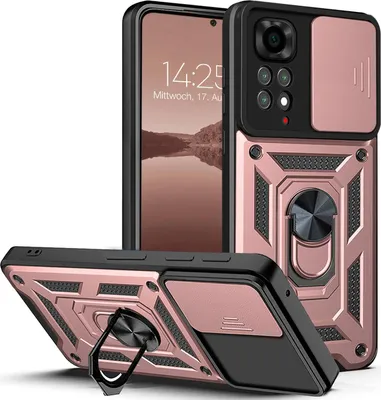 A rose gold and black phone case with a ring stand and camera cover is shown from multiple angles.