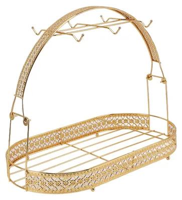 Image de Support pour tasses, en métal, pour organiser les tasses à café, les assiettes et autres ustensiles. Comprend un égouttoir pour tasses et 6 crochets. Idéal pour les comptoirs, les armoires, les tables, les cuisines, les restaurants, les bureaux. Couleur : or