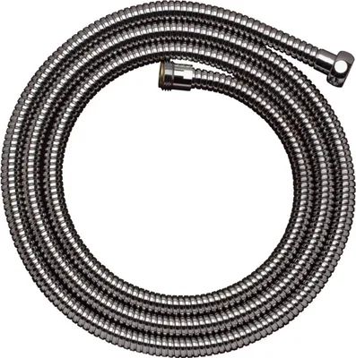 A coiled metal shower hose on a white background.
