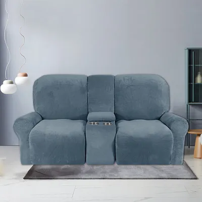 Produktbild von 8-teiliger Stretch Samt Hussen Recliner Sofabezug mit Getränkehaltern,Dicke Plüsch Liegesofa 2-Sitzer Recliner-Abdeckung,Hellblau