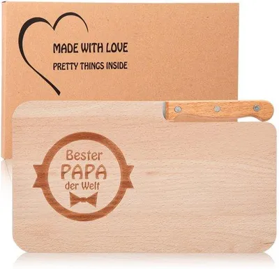Produktbild von Holz Brotbrett mit Elstaholzmesser, Buchenholz Frühstücksbrett mit Gravur als Geschenk, Geschenkidee für Papa zu seinem Geburtstag oder Weihnachten
