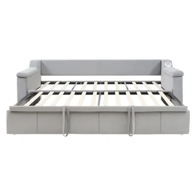 Produktbild von Flieks Tagesbett Daybed 90x190cm mit Bluetooth-Lautsprecher und USB, Schlafsofa Sofabett mit Ausziehbett, Polsterbett mit Taschen, Samt, Hellgrau