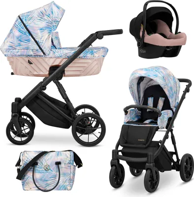 Produktbild von Kinderwagen IVENTO Sportwagen Babywagen Babyschale Komplettset Kinder Wagen Autositz Set 3 in 1 (Pastel Grass, Rahmenfarbe: Schwarz)