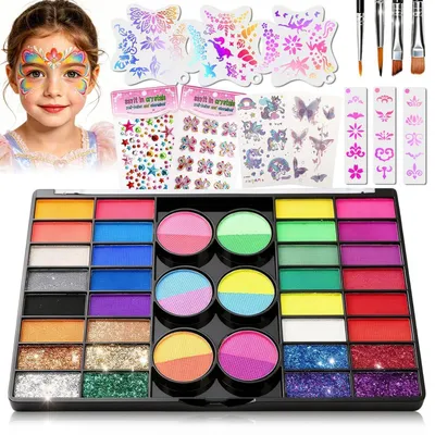 Produktbild von Kinderschminke Set Wasserbasis Theaterschminke 44 Farben mit Schablonen & Pinseln