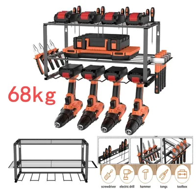 Immagine prodotto di Porta utensili da parete - Scaffale a 3 livelli - Metallo - Capacità di carico 150 kg - Supporto per trapani per garage e officina - Nero