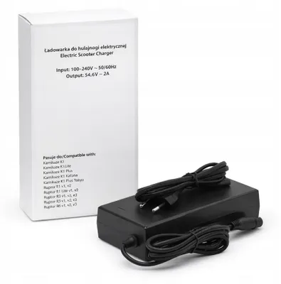 Obrázek produktu pro Nabíječka pro elektrické koloběžky 54,6 V, 2 A – kompatibilní s modely Kamikaze K1 / K1 Lite / K1 Plus / Katana / Ruptor R1, R3, R6