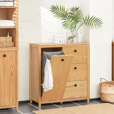 Produktbild von SoBuy BZR97-N Skriňa na bielizeň s rozkladacím vreckom na bielizeň Skriňa na bielizeň Koš na bielizeň Kúpeľňová skrinka Natural WHT cca 80x90x35cm