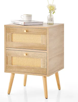 Zdjęcie produktu dla Stolik nocny z 2 rattanowymi szufladami, stolik boczny z nogami z litego drewna sosnowego i filcowymi matami podłogowymi, drewniana szafka podłogowa 40 x 40 x 59 cm (naturalna)