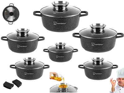 Produktbild von 12-Tlg Marmor Töpfset Mit Glasdeckel Kochtopf-Set Marmorbeschichtung