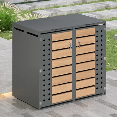 Produktbild von Flieks Mülltonnenbox 1st, Mülltonnenschrank mit Klappdeckel, Mülltonnenverkleidung mit Schloss für 2 Tonnen 120–240L, 132x80x118.5cm, Grau