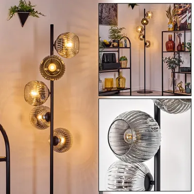 Produktbild von Villamare Stehlampe, Metall/Riffelglas, Schwarz/Chrom/Rauch/Klar, Retro-Design