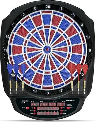 Produktbild von Carromco Elektronik Dartboard Striker-601 2-Loch Abstand Adapter rot-blau 8 Spieler Softdarts Netzteil 36 Spielen 585 Variationen Dartscheibe