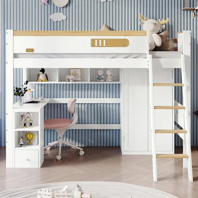 Produktbild von MODFU Hochbetten Kinderbett 90x200cm mit Tisch und Kleiderschrank,mit Fallschutzgitter, Massivholzbett Stockbett mit vierstufiger Leiter, Jugendbett Bettgestell, Weiß+Natur
