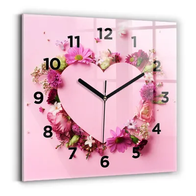 Produktbild von Wallfluent Wanduhr – Stilles Quarzuhrwerk - Uhr Dekoration Wohnzimmer Schlafzimmer Küche - Zifferblatt - schwarze Zeiger - 30x30 cm - Herz aus Blumen