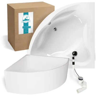 Produktbild von Calmwaters® Eckbadewanne Komplettset 140x140 cm mit Wannenträger & Ablaufgarnitur, Acrylwanne Original, Duowanne für 2, Sitzbadewanne, Set Badewanne komplett, Eckwanne 140 x 140, Weiß, 99000089