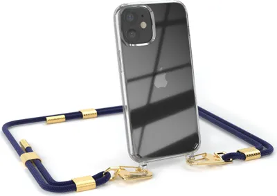 A transparent phone case with a blue lanyard and gold accents, attached to an iPhone 12 Mini.