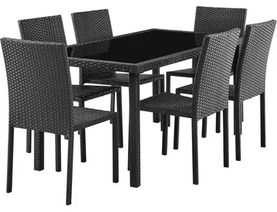 Image de Ensemble de jardin en résine tressée noire, 6 pièces, comprenant une table en verre de 160x80 cm et 6 places assises