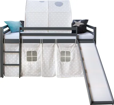 Produktbild von Homestyle4u Kinder Hochbett 90x200 grau mit Rutsche Tunnel Sternen Vorhang