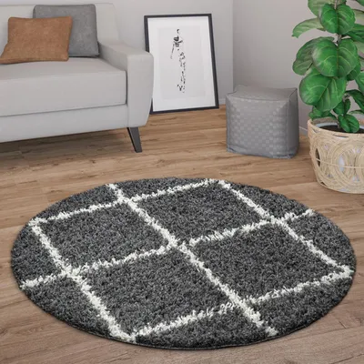 Produktbild von Hochflor Teppich Rund Wohnzimmer Moderner Shaggy Langflor Skandi Rauten Grösse 200 cm Rund