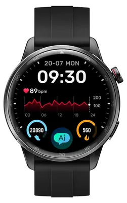 A close-up shot of a smartwatch displaying its interface.