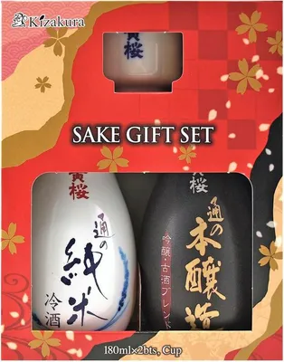 Produktbild von KIZAKURA Sake Geschenkset | 2 Flaschen Premium Sake + 1 Becher | Junmai & Honjozo, je 180ml | 15% vol.