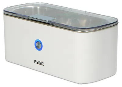 A white ultrasonic cleaner with a transparent lid.
