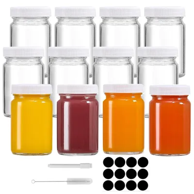 Zdjęcie produktu dla Zestaw 12 szklanych butelek wielokrotnego użytku o pojemności 60 ml, z zakrętkami