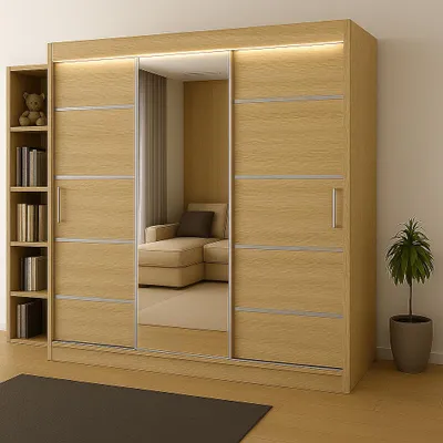 Obrázek produktu pro 3dveřová posuvná skříň RIO-3 180 x 215 cm, dub Sonoma, s ozdobnými lištami – zrcadlo na čele, v sestavě police, tyče, LED osvětlení