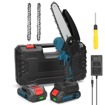 Obrázok produktu pre Reťazová píla, 6" 21V elektrická reťazová píla s 2x batériou 2x reťaz 1x vodiaca doska 1x nabíjačka 1x úložný box, elektrické reťazové píly