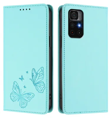 Produktbild von Lederhülle für Xiaomi Poco M4 Pro 5G/Redmi Note 11 5G, Schmetterling Prägung Leder Brieftasche Schutzhülle mit Ständer Türkis