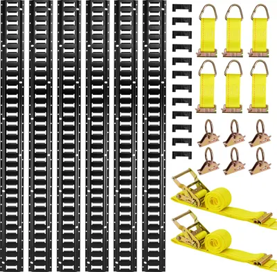 Image de Kit de rails d'arrimage SucceBuy E-Track, pack de 6 1,5 m, 26 accessoires, y compris 2 sangles à cliquet, 6 anneaux toriques, 6 sangles d'arrimage avec anneau en D et 12 embouts, idéal pour les garages, les camionnettes, les remorques et les motos