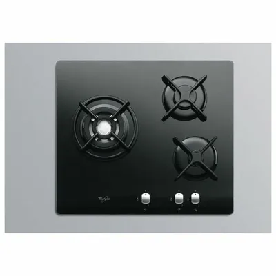 A black gas stovetop with three burners and control knobs, set against a light gray background.