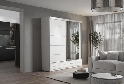 Produktbild von Krudox MAV Kleiderschrank Schiebetür Weiß 200x216x62 cm mit Spiegel 3 Schubladen Kleiderstange Schlafzimmer Schrank