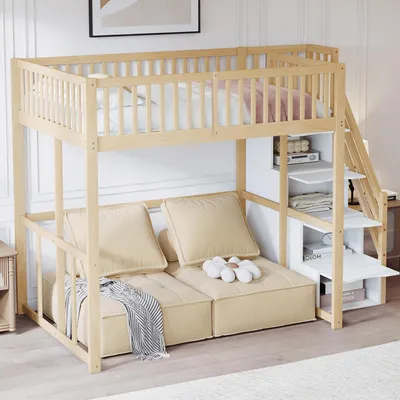 Immagine prodotto di MODFU Letto a castello, letto per bambini 140x200 cm, letto per studenti con scaletta di sicurezza e contenitore, sponda di sicurezza, adatto a bambini, ragazzi e adulti, materasso escluso, legno naturale