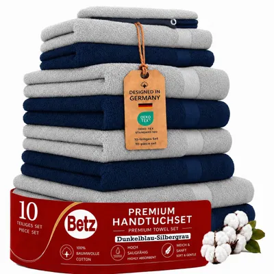 Produktbild von Betz 10-tlg. Handtuch-Set PREMIUM 2 Duschtücher 4 Handtücher 2 Gästetücher 2 Waschhandschuhe Farbe: dunkel blau & silber grau