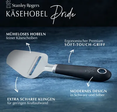 Produktbild von Stanley Rogers Käsehobel 21,5 cm, Küchenhelfer mit ergonomischen Premium-Softtouch-Griff, Käsehobel mit Funktionsteil aus Edelstahl (Farbe: Silber/Schwarz)
