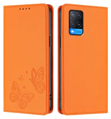 Image de Étui en cuir pour Oppo A54 4G/A54S/A55 5G/A16/A16S/A55s 5G/A53s 5G/A56 5G, motif papillon, étui portefeuille à rabat avec support, orange