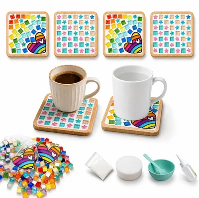 Image de Kit de création de mosaïques pour supports, comprenant 4 pièces en bois, des pierres de verre et des accessoires