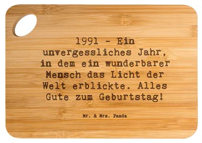 Produktbild von Mr. & Mrs. Panda Schneidebrett Spruch 1991 Geburtstag - Transparent - Geschenk, Frühstücksbrettchen, Happy Birthday, Erinnerungen, Meilenstein, Alter, handgemacht