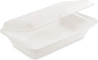 A white, open disposable food container with a lid slightly ajar, shown from a diagonal angle against a white background.