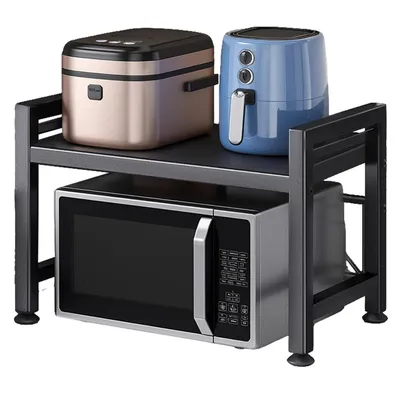 Produktbild von Erweiterbares Mikrowellenregal,Verstellbares Küchenregal mit 6 Haken, ausziehbar von 40–60 cm, Küchenorganizer für Arbeitsplatte & Backregale, Schwarz