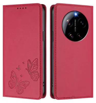 Image de Étui en cuir pour Xiaomi 17 Ultra, étui de protection type portefeuille en cuir gaufré « papillon » avec support, rouge