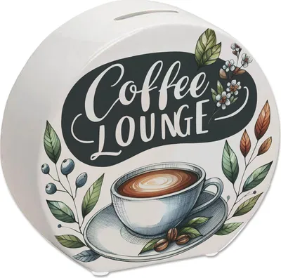 Produktbild von Keramik Spardose Coffee Lounge Motiv, 13cm Höhe, 14cm Breite, 5cm Tiefe
